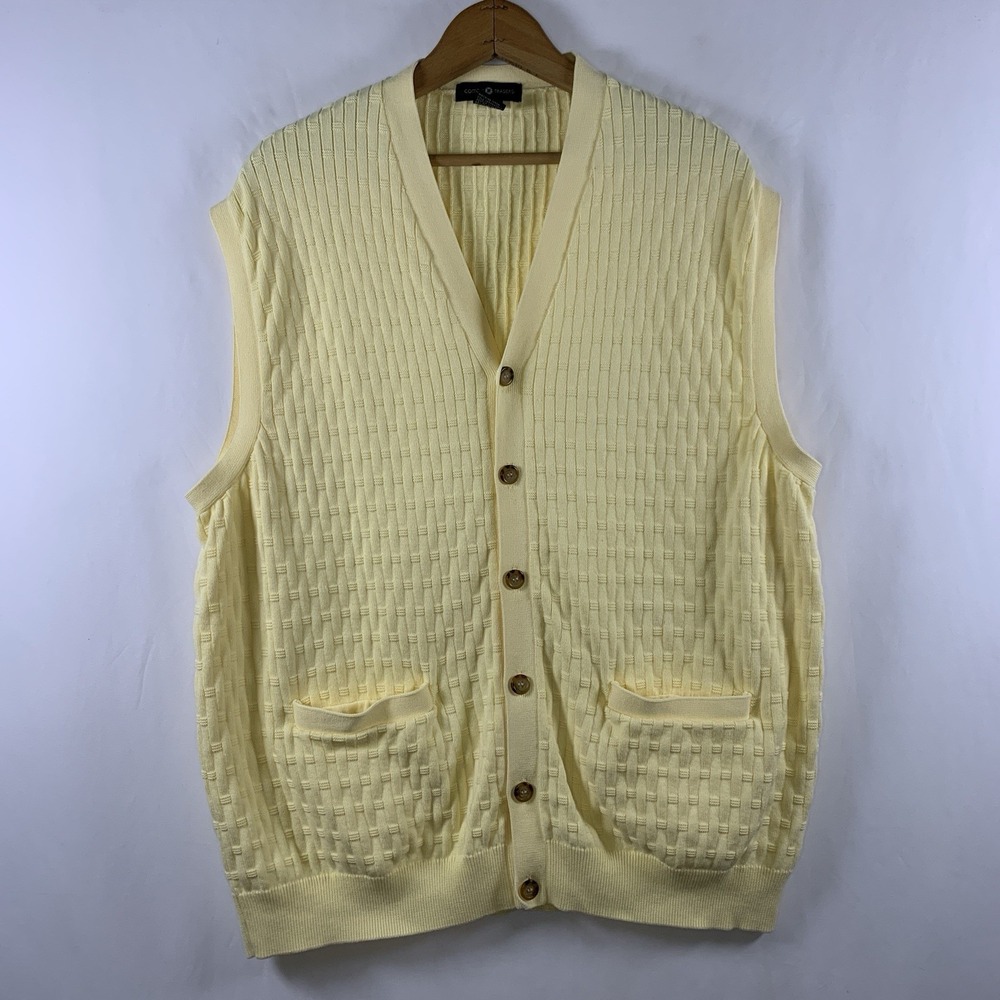 Cotton Traders Mens 100% Cotton Basket Weave Sweater Vest XL Pale Yellow Pockets